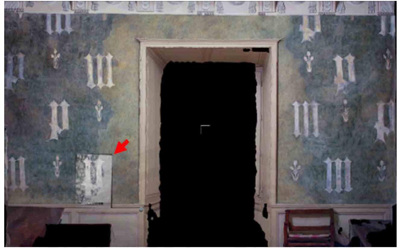 Figure 4.15. Snapshot from the SIVT application tested on Germolles case study data. The rectified and registered IR image of the P (red arrow) is displayed on top of the orthophotography of room dn south wall. Photos: Stefanie Wefers and Tobias Reich, 2016 and Francesca Piqué, 2013. 