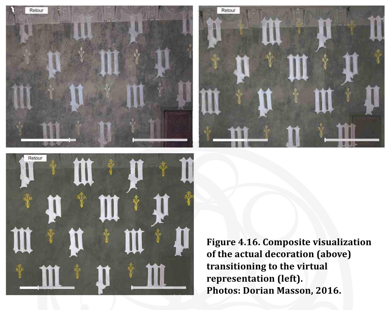 orthophotograph and existing geneous green background, w thistles with different profiles  data collected during the Germolles project: homo- hite M/P letters with arabesques for the latter, and but similar to the one found on the floor tiles (fig.  4.2c). When facing the wall with the tablet, natural markers (association of letters  and thistles) from the orthop  hotograph of the wall are detected by the Kudan®  Software Development Kit used and distances are calculated between the markers  and the camera of the tablet. T  he direction vector of the marker is used to find the  similar position on the virtua  scene that appears on the tablet. To facilitate an  appreciation by visitors of the virtual reconstruction, a joint visualization was cre-  ated for the tablet that allows  progressive movement from the real to the virtual  scenes, as shown in figure 4.16. 