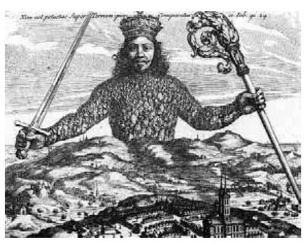 Figure 2. Book cover of Leviathan by Hobbes (1985).  Inversely put, Hobbes ‘fearful savage’ enabled a naturalisation of the ‘ordered continuity of beings’ while Rousseau’s savage takes fault with this order. The transfer from nature to society, in both accounts, demonstrates how ‘human nature causes the identical’. In other words, the classical space of representation comprises the characteristics of the both state of nature theories whose relationship to society appeared as exact opposites — either Hobbes’ state of war and his absolute sovereign or Rousseau’s savage and his social contract. If there is a difference with Rousseau, then it would have to be that he replaces the vague reflection of the sovereigns in the painting by the accidental passenger who thereby gets to represent  Reconstructing biotechnologies: critical social analyses 