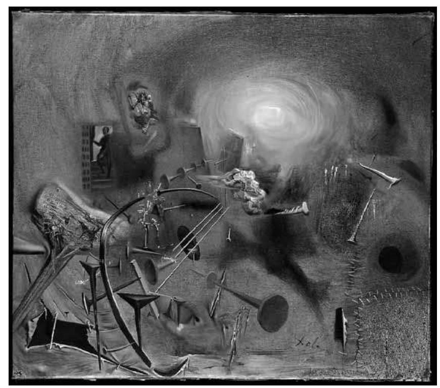 Figure 4. Las Meninas, painting by Salvador Dali.  In the other re-interpretation by Dali, the focus had been on the glory for the painter and the mai figure of the original painting (la infanta). The mirror image of Vel4zquez’s original was exaggerated obscuring everything else. In this version, however, the original is only recognisable by the incidenta observer at the door, still casting a casual glance through a door that might just be opened or is abou to close. The painter, the sovereigns and the maids of honor are all gone. All that is left for him and u to see are the strings, nails, many other materials and a last window of the original painting, about t disappear in a vortex. Indeed, the space of classical representation is disappearing from view. Earlier Dal saw Velazquez in the light of his own glory, this time the sovereign, his society and the painter himsel are being displaced, decisively. 