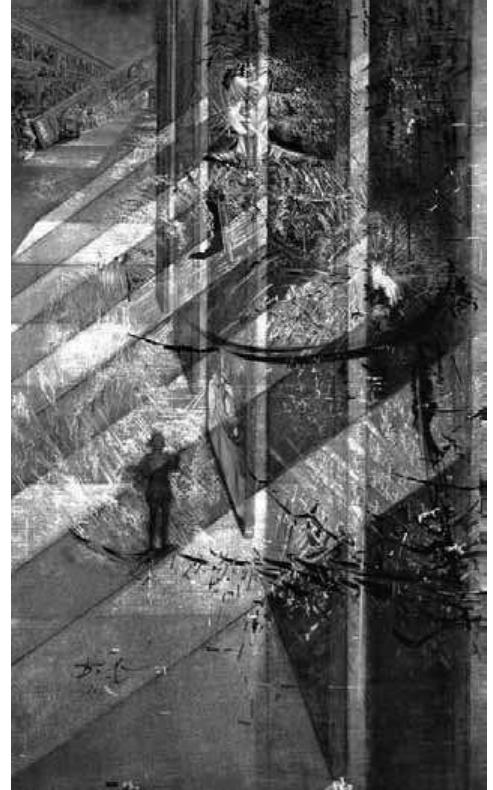 In the image only the infanta looms large in the light, still admired at its location in the Prado Gallery. The sovereigns and maids of honor of the original have disappeared and only the silhouette of the painter is left, seen in the light of the glory of his creation. Dali leaves only the painter and la infanta 