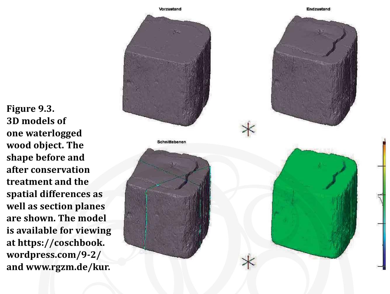 archaologischen sammiungen © (Mass Finds In Archaeological Collections) of the R6misch-Germanisches Zentralmuseum (RGZM).’  The physical CH objects of interest are samples from different time periods having a minimum size of 100 mm x 60 mm x 60 mm (fig. 9.3). The material con- dition of the samples before conservation treatment was an important issue as the archaeological waterlogged wood samples had a dark brown to black appear- ance and were partly shiny. The translucent and reflective surface of the untreated samples had an impact on the data quality. However, this impact was reduced to  a minimum through careful towelling of the samples before recording. Another crucial factor was the high number of samples: all in all 777 objects were recorded before and after treatment. As regards data requirements for such analysis, the nature of data first depends on the surface characteristics of the objects and then the nature of application. Deformation analysis will always require high-quality spatial data, so precision and resolution are necessary requirements for data accuracy. Since the deformation analysis needs to be analysed in every direction and on every side of the object, this CH application will only be served with 3D data of the objects of at least two eras.  The physical CH objects of interest are samples from different time periods 