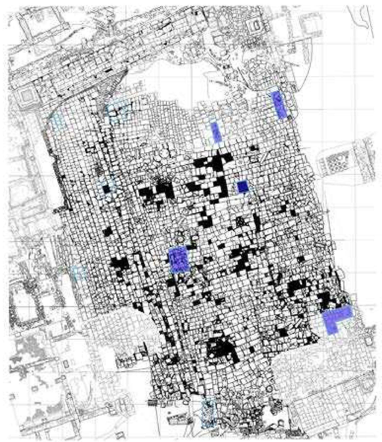 Fig. 1: Plan of the Upper Agora of Sagalassos with indication of the control excavations and the (shaded) trenches where stratified Hellenistic material was found (Sagalassos Project); the grid has a side of 5m. 