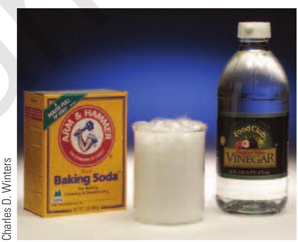 FIGURE 3 The reactivity of baking soda with vinegar is a chemical property.  FIGURE 2 One physical property of this sulfur powder is its bright yellow color.  Recall that physical properties are properties of a substance that can be de- scribed or displayed without requiring a chemical change. For example, sulfur is yellow (see Figure 2), iron is malleable (able to be hammered into sheets), cocaine is a white solid, and the density of a glass fragment broken from a win- dowpane at a crime scene is approximately 2.5 g/mL.  Although the exact manner in which the physical and chemical properties are analyzed for each substance differs, the analyses are all based on the principles of the scientific method. The scientific method begins with observations. Scien- tists attempt to organize observations and look for trends or patterns. When the scientists find what appears to be a relationship among the observations, they suggest a hypothesis (an educated guess) that tentatively explains what is being observed. A plan is devised to test the hypothesis. Ultimately, the plan is carried out and further observations are made. If the new observations con- tradict the original hypothesis, a new hypothesis is suggested and tested. How- ever, if the new observations validate the original hypothesis, the scientists often choose to devise a subsequent plan to further validate the hypothesis. This cycle, as illustrated in Figure 4, continues until the hypothesis has been sufficiently validated.  For example. when an wnknown sibstance is submitted to a crime lahora- 