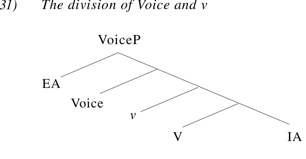 In earlier work that does not adopt this division, the functional divisions of Voice and v were not assumed, and all these functions were expressed by v. Therefore, the use of “Voice” in this  66,499  dissertation corresponds to the notion “v” used in several important works on Philippine-type  languages, including Richards (2000), Pearson (2001, 2005), and Aldridge (2004, 2008, 2012), which do not adopt the division of Voice and v.  1.5.3 Case and Case-licensing 