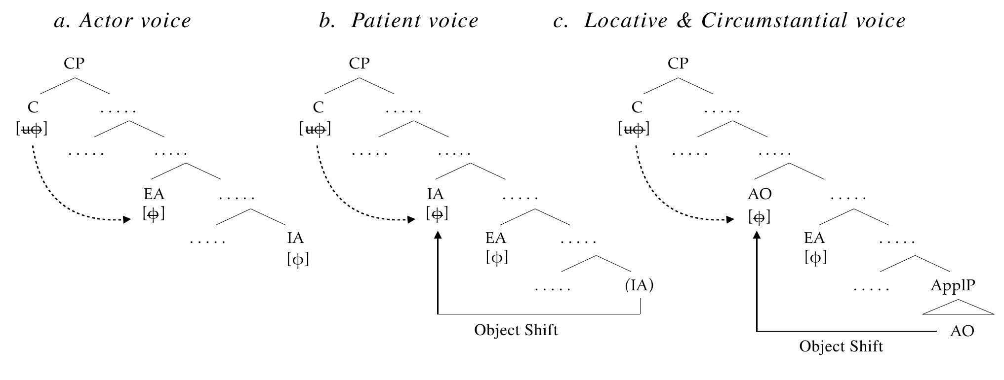 If, however, voice alternation in Philippine-type languages is not accompanied by argument tructure alternation, illustrated in (24), the absolutive/nominative Case analysis for “Pivot” cannot maintained, as this scenario indicates that the licensing of “Pivot”-marking does not respect ocality: 