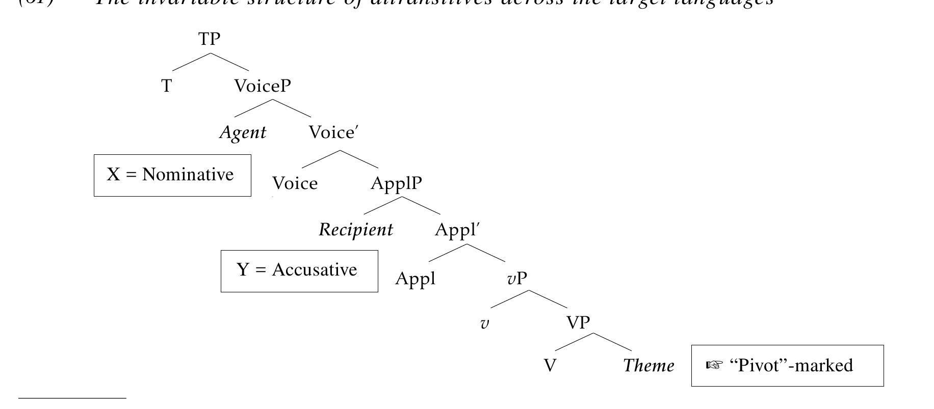 Following the standard assumption, I consider a double-object construction (DOC) to involve a Recipient that asymmetrically c-commands the Theme, whereas prepositional dative constructions involve a Recipient and a Theme that c-command each other (see, e.g., Bruening 2001, 2010; Pylkkanen 2002; Harley 2008). The binding data from the four target languages thus points to a  unitary DOC analysis (61): 