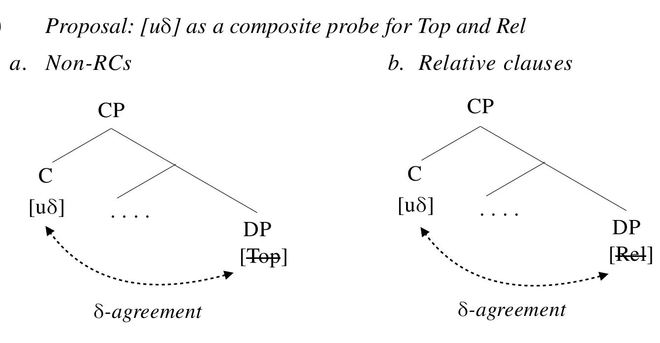 The current proposal follows from an observation first discussed in Kuno (1973), that relativization and topicalization in many languages cannot cooccur in the same clause (e.g., Kuno  1973; Gundel 1974, Chomsky 1977; Bak 1984; Miyagawa to appear). For instance, in English and Korean, topicalization cannot appear in a relative clause, as in (33)-(34). This observation has led to such claims as (i) relative clauses in English are essentially a topic-comment structure (Gundel 1974  and (ii) relativization in Japanese is an instance of topicalization (Kuno 1973): 