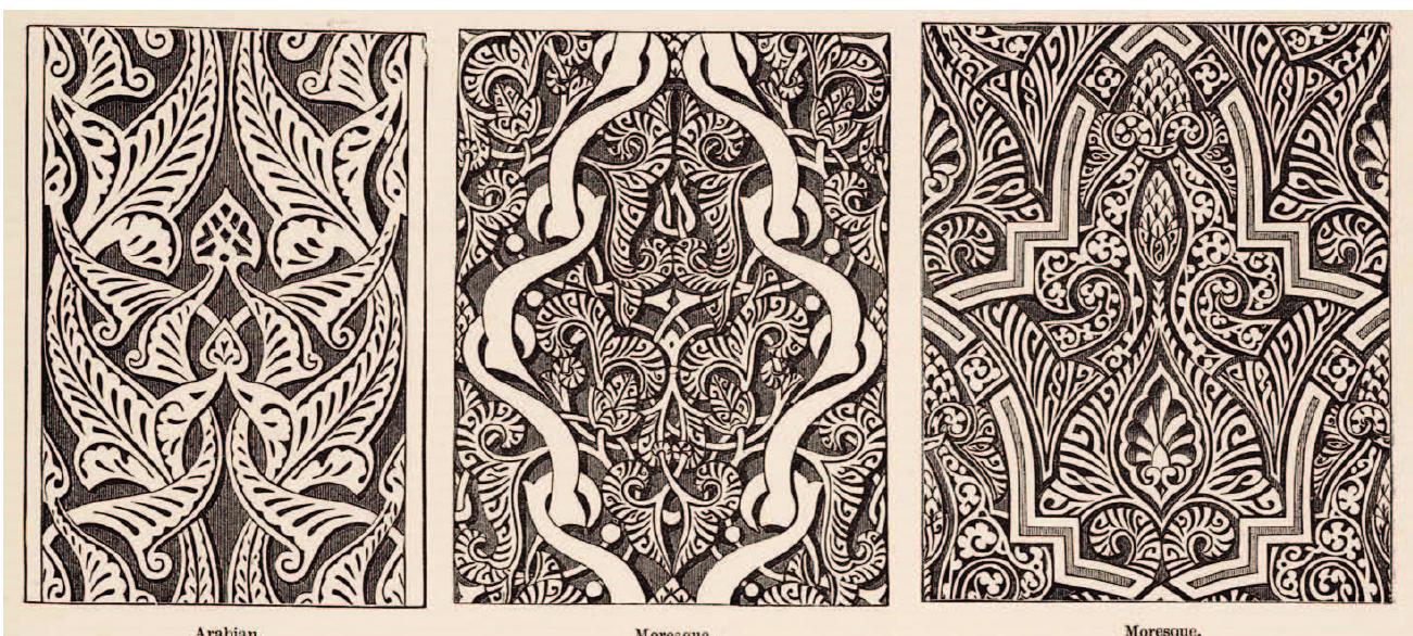 This double reference to the East and to Nature has often been viewed as falling within the traditional vision of an undeveloped and child- ish East?°. Yet, this juxtaposition also refers to the academic model of the Antique and Nature, to the pair Greece/Nature. Substituting the East to the Antique, Jones establishes a model for the ornament, which is defined in relation, yet in opposition, to the academic model of the Fine Arts. Rejecting naturalistic representation in favour of styl- ised shapes and colours, ornament will thus largely be defined by its abstract nature, and not by figurative and geometric characteristics, as opposed to the mimesis dominating painting and the fine arts.  Islamic ornament—conventional, predominantly two-dimensional, with its use of colour fields and geometrical forms, its respect for the surface of the object, yet lacking relief or shadow — seemed to be per-  Plo cg ee Or cn Ne ce ee sere TS pe we OMe eg? af ce a ee ee  
