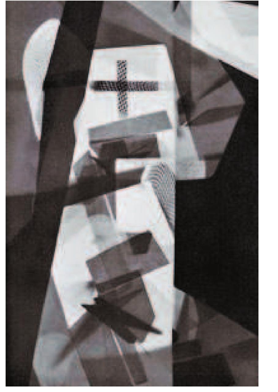 Die beiden ersten Montagen von Brandt scheinen zwei Lésungen fiir ein und dasselbe Bildproblem anzubieten. Montage | — die schwungvollere von beiden — besteht aus einem tiefschwarzen Papierdreieck auf weifSem Grund mit einem ausgeschnittenen Photogramm, das sowohl uber dem weifen als auch dem schwarzen Bereich schwebt. Dieses Element besteht aus lang gezogenen Formen — an: scheinend wurden Metallringe in verschiedenen Winkeln auf das Photopapier gelegt. Montage II ibernimmt von Montage | die diagonale Bewegung von oben links nach unten rechts, ein Kompositionsprinzip, das in vielen spate ren Montagen Brandts Anwendung finden wird. Ein gro Bes Blatt belichteten Photopapiers bildet den schwarzen  These two montages appear fo be solutions to the same pictorial problem. Montage | is the bolder of the two, made up of a triangle of jet black paper on white with a single, cut out photogram which touches both the black and white fields. Elongated forms make up this element, and they look as if they were made with metal circles piled up at different angles on photographic paper. Montage II picks up on the diagonal that moves in Montage | from the upper left to the lower right, a compositional method which will inform  924 MONTAGE I / MONTAGE II 