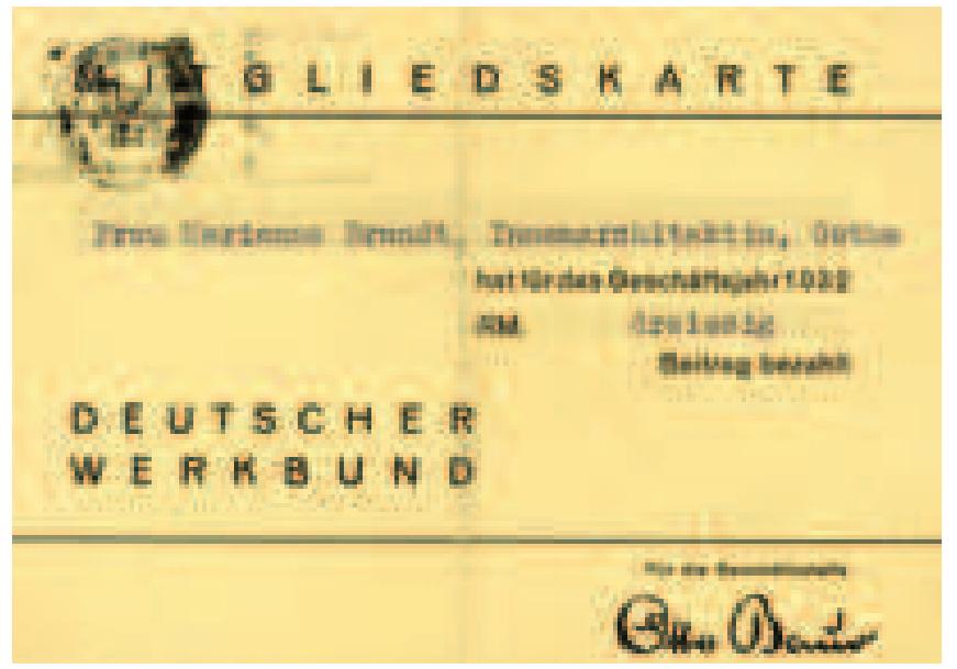 Brandt in einem Wald sitzend, friuhe 1930er Brandt seated in a forest, c. early 1930s  Brandts Mitgliedsausweis fiir den Deutschen Werkbund, 1937 Brandt’s membership card to the German Werkbund, 1932 