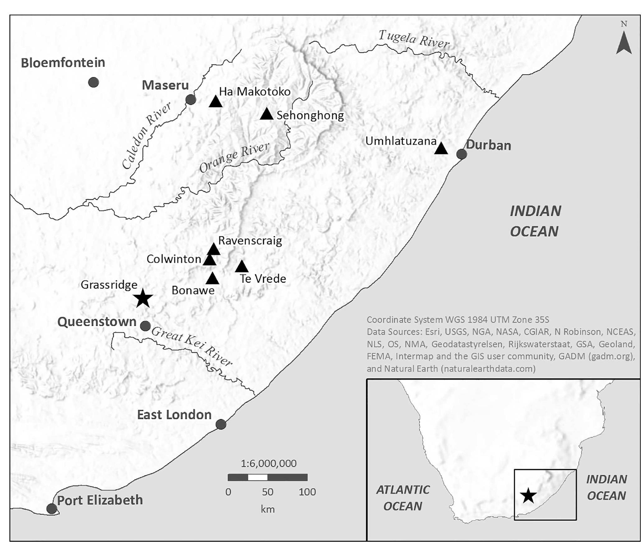FIG. 1. Map featuring Grassridge Rockshelter and the other sites mentioned in the text. 