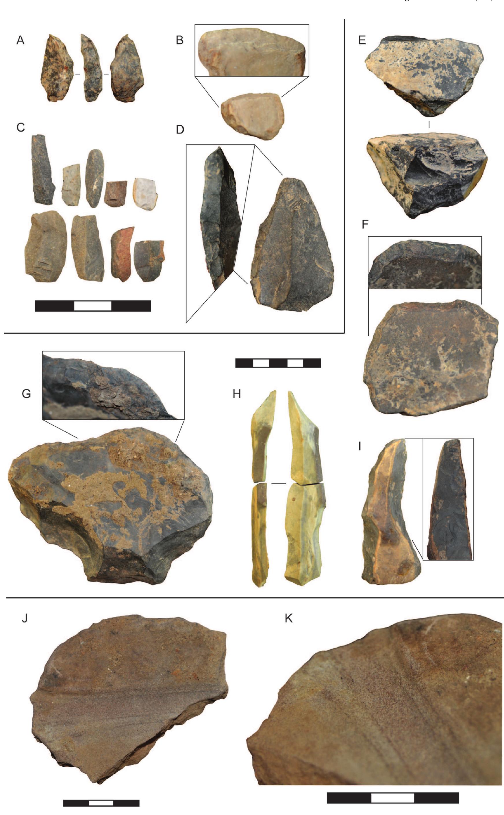 FIG. 4. Lithic artefacts from Grassridge. (A) Backed piece, mid-Holocene levels, sieve material; (B) Small scraper, mid-Holocene levels, sieve material; (C) Bladele: fragments, mid-Holocene levels, sieve material; (D) Unifacially retouched point, retouched on both laterals, tip broken, mid-Holocene plotted find; (E) Single platform core showing platform view (upper) and lateral view (lower), surface sediments; (F) Large scraper, mid-Holocene plotted find; (G) Large scraper mid-Holocene plotted find; (H) Blade with two conjoining fragments found adjacent to each other, early Holocene plotted find; (1) Retouched piece, possibly ¢  reamer (Deacon 1984), mid-Holocene plotted find; A—I are all hornfels; (J) Grooved stone on sandstone; (K) Close-up of groove on J. Divisions on scale bars are 10 mm. 