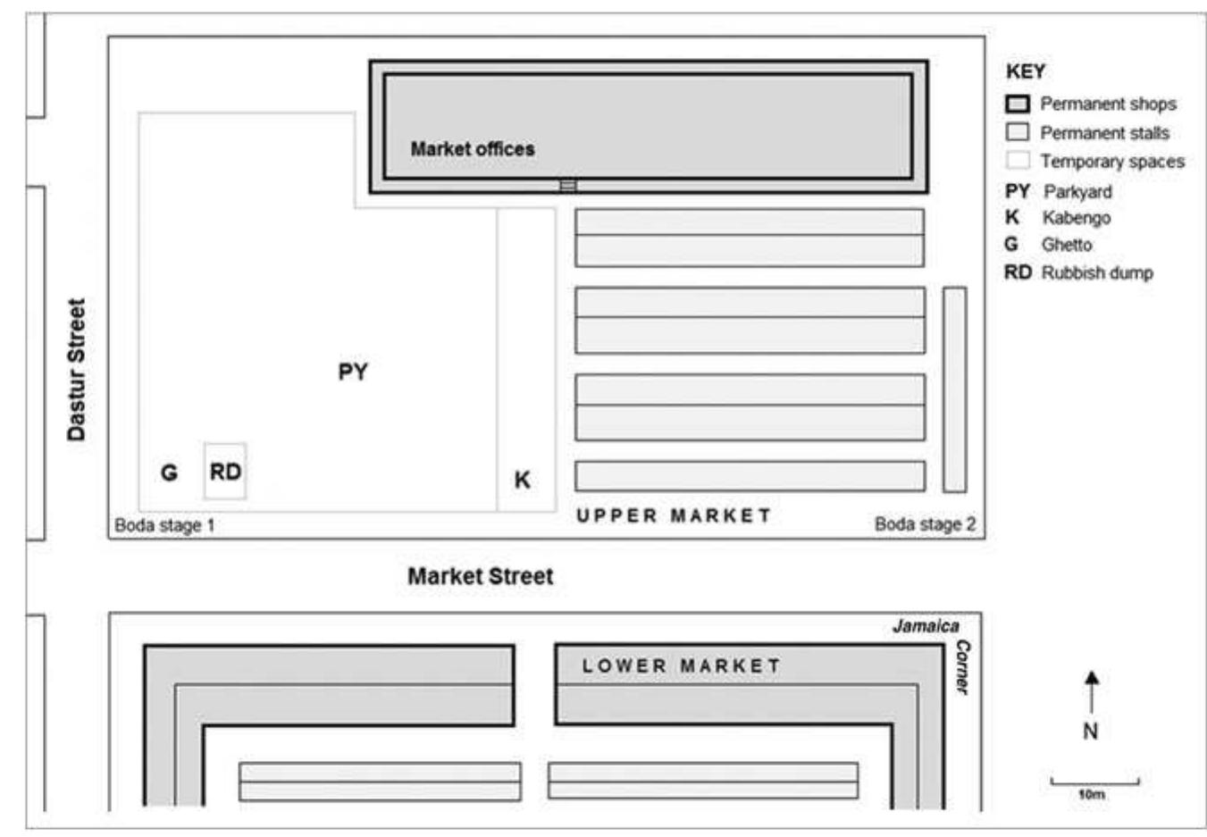 detainees in Kampala are taken to prison farm facilities where they are retained on recurrent cycles of remand until a guarantor offers to post bail.? Alex’s most recent arrest ended at Nakasero police post, when one of his employers secured his release with a loaned payment of USh 15,000 (US$5.20). As a self-declared ‘low-income’ worker in the market, Alex has not been able to rent a room in Kampala. However, he notes that Frank’s shop offers him a place of relative safety at night. 