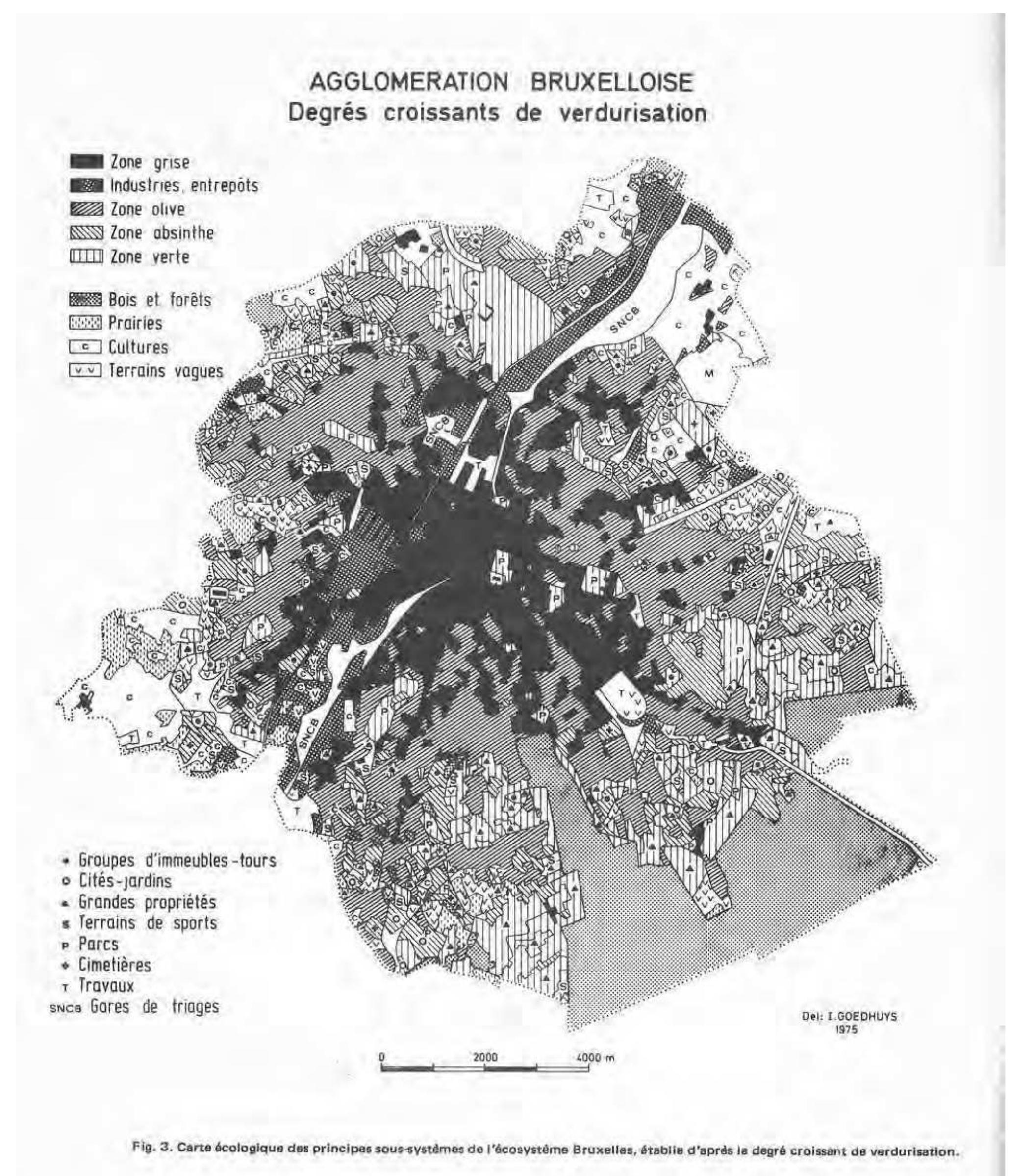 [fig. 6] Ecological map with the principal subsystems of Brussels, based on increasing degree of greenness. From: Duvigneaud, P., Denaeyer-De Smet, S. and Tanghe, M., ‘Importance de l’écosysteme urbain et des sous-systémes (exemple de lagglomeration bruxelloise)’, p. 16. 