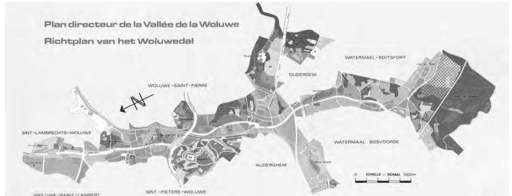 [fig. 8] the plan directeur of the Woluwe valley, which is subdivided into housing, industrial and office zones, and (protected) natural zones. From Agglomération bruxelloise, Brochure Plan directeur de la Vallée de la Woluwe/ Richiplan van het Woluwedal, CIV A. Fonds Duvigneaud.  The lab of Duvigneaud made two survey mappings. First, they drew a map with the ecological “occupation” of the soil, with delineations of for example forest and apartment buildings. Secondly, they drew a map with the biological value of the milieu, the area [fig. 7]. Here, they indicated which areas where of high ecological value, and which of lesser ecological value. Apart from these purely ecological delineations, some areas where designated as “of little ecological value, but of great esthetical and socio-cultural value”’, thus pulling in a social and cultural evaluation. Although these maps where clearly made by ecologists, it is sure that there mapping practices where guided by the desired product: a zoning plan. Duvigneaud’s metabolic perspective does not result into a rejection of the conventional zoning plan. In the conclusion of their study, Tanghe and Duvigneaud stressed that the proposed maps should orient the options urban planners in terms of affecting space, considering biological-ecological value and socio-cultural value. The maps established a distinction between spaces that could be assigned to building without affecting natural and social values in the valley. Planning should be deferred, or be the object of certain precautions in zones that are designated as “wild” or as buffer zone. Particularly, semi-natural areas had to be protected completely of urbanisation, because of their great value, be it in vegetation, soil or wildlife. Still, the preservation of these areas in their actual state was necessary, for scientific and educational reasons. They should be specifically managed, and be protected from the public. Artificial green spaces, like the riverbanks of the small lakes or the Woluwe, should be upgraded in an ecological and biological way (Duvigneaud and Tanghe, 1978, p. 29). Works on public paths in the different parks must be kept at a minimum (p. 30).  Apart from its significance for ecological planning, the plan directeur that followed out of the ecological mapping clearly shows the capacity of the ecological viewpoint to overcome existing power relations in the area. The competing interests of both the communities and the Agglomeration becomes obsolete in light of the functioning of the river-ecosystem of  Ps; Cs 5c cae I: Ee: (Es a : Se ce: a. ee a | nee: |e: ”; ee ae a a ee: |e: ie: ee a |e ae  
