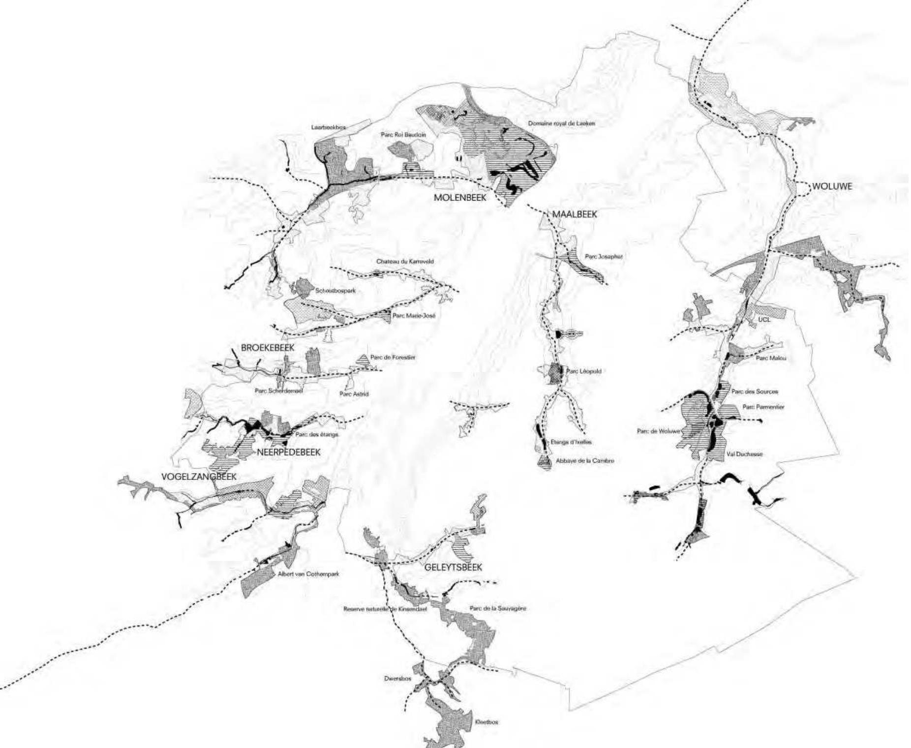 [fig. 9] The hydrographical and topographical reading of Brussels by Bureau Bas Smets for Brussel 2040. The study restructures the city by connecting all the tributary rivers of the Zenne, which has disappeared because it has been buried. From Dejemeppe, P. and Périlleux, B. (2012). Brussels 2040, p. 59.  he did not align himself with their struggle until the very end of his life.° His legacy continued, however, in the creation of Bruxelles Environnement under the Brussels Capital Region, which was established in 1989. There, the department for green spaces is led by one of his doctoral students. Nowadays, the landscape and ecological imaginary is resurfacing through the publication and use of metabolic and landscape design studies that I brought to the stage in the introduction of this paper. The landscape reading of Brussels today is intended to invent a new, collective urban project that goes beyond the small- scale neighborhood contracts. This landscape reading started with the publication of Brussels 2040, where Bureau Bas Smets forwarded a topological and hydrographical reading of the city as a new, cultural way of envisioning the future of Brussels, where the valley structure serves as a coherent development structure, on which mobility and new housing could be connected [fig. 9] (Dejemeppe & Périlleux, 2012, p. 58). Inserting landscape into planning processes is a way of sidestepping the previous oppositions that existed in the city’s history. As with Duvigneaud, the ecological structure is used to regain a firm hold on the regional scale, putting aside the political realities of the powerful communities. But today’s struggle is a very different one. Duvigneaud reacted with his studies on the capitalist development of his city, denouncing the metabolic ‘overheating’ of the ecosystem, while he did not to incorporate the city dweller’s voice. Today, the topographical and ecological reading by Brusse/s 2040, Metropolitan Landscapes, and Metabolism of the Brussels Region is productive because it can create a common project for the Brussels region. However, the strength of the neighborhood contract lies in its democratic validity, incorporating the social and political voice into the planning equation. A landscape reading of the territory should incorporate this strength, and go beyond science and technology by questioning both the precarious socio- economical context as well as the difficult political reality of the Brussels region.  