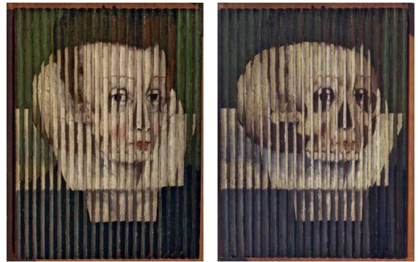 Fig. 1: Turning or perspective picture: Anamorphosis, called Mary, Queen of Scots®. Reigned 1542-1587. Artist unknown. The National Galleries of Scotland.  confusing.® A turning picture is a combination of different images that form one and the same material picture yet cannot be perceived as one, just like the paradoxical effect on the level of figurative language. Shakespeare’s ekphrasis is another example for the traditional function of rendering a static image dynamic and bringing out the enargeia of objects or tableaus. Cleopatra’s brief compar- ison, however, transposes the dynamism to the spectator position; like early 