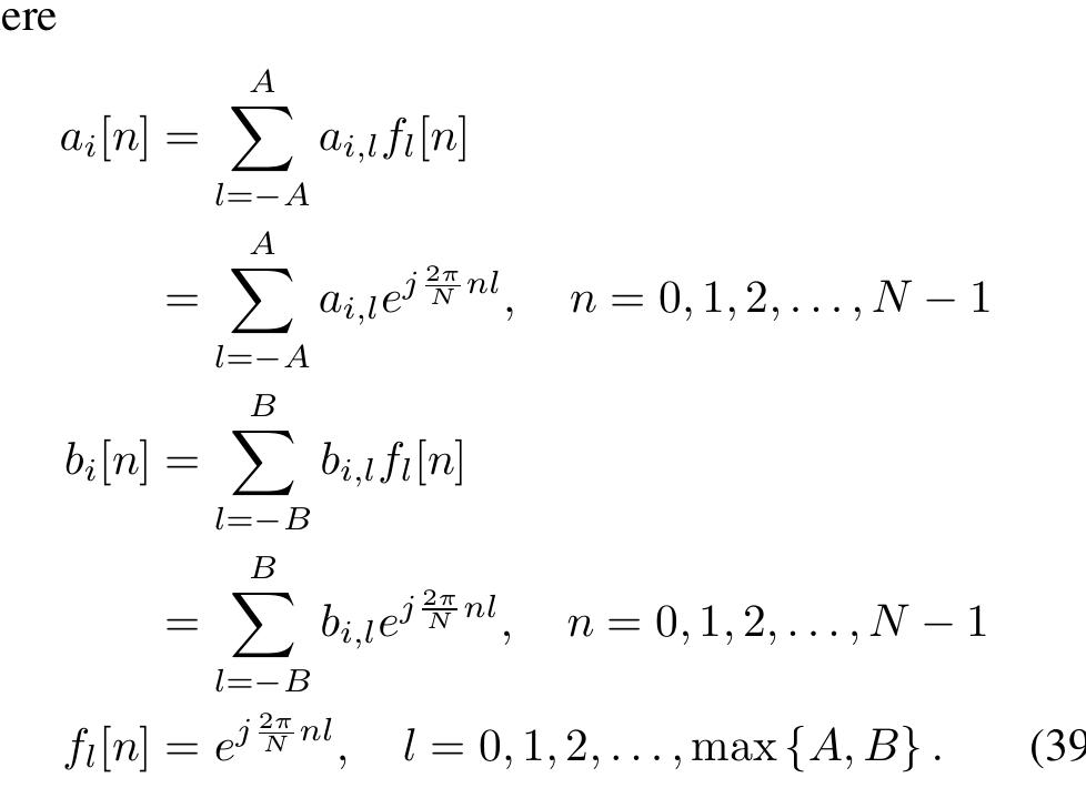 We call it as fractional lower order time-frequency auto- regressive moving average (FLO-TFARMA) process, where M, L, A and B are the orders of the model, and M and LI are the order in time domain, A and B are the order in frequency domain (the bandwidth of the model are [—A, A] and [—B, B]), a;[n] and 6;[n] are the parameters of the FLO- TFAR model, the numbers are as high as N(M +L +1), ai. and b;; are basis expansion of the parameter functions, the number of a; is M(2A+1), the number of 6; is (Z+1)(2B + 1). When LF = 0, B = 0, FLO-TFARMA model will degrade into FLO-TFAR(M, A) model, and if A = 0, B = 0, it will degrade into FLO-TFMA(M, L) model. fi[n] is the basis functions, u(7) is a stationary white noise SaS' process, + is its dispersion coefficient (7 = 1). 