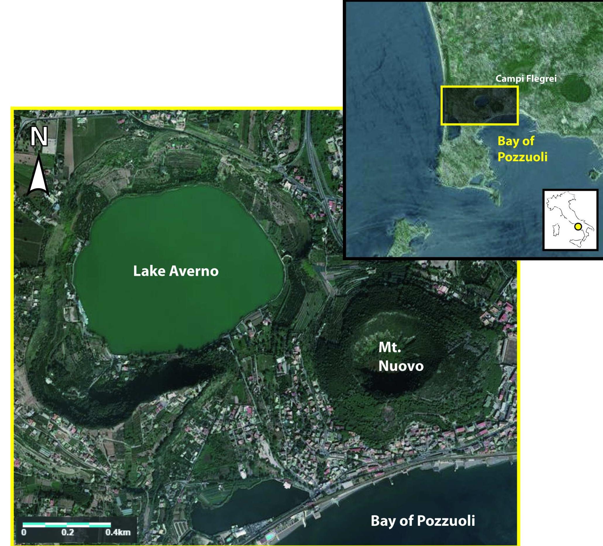 Fig 1. Schematic map of the Campi Flegrei caldera with the location of Lake Averno. This Figure is similar but not identical to the original image, and is therefore for illustrative purposes only.  