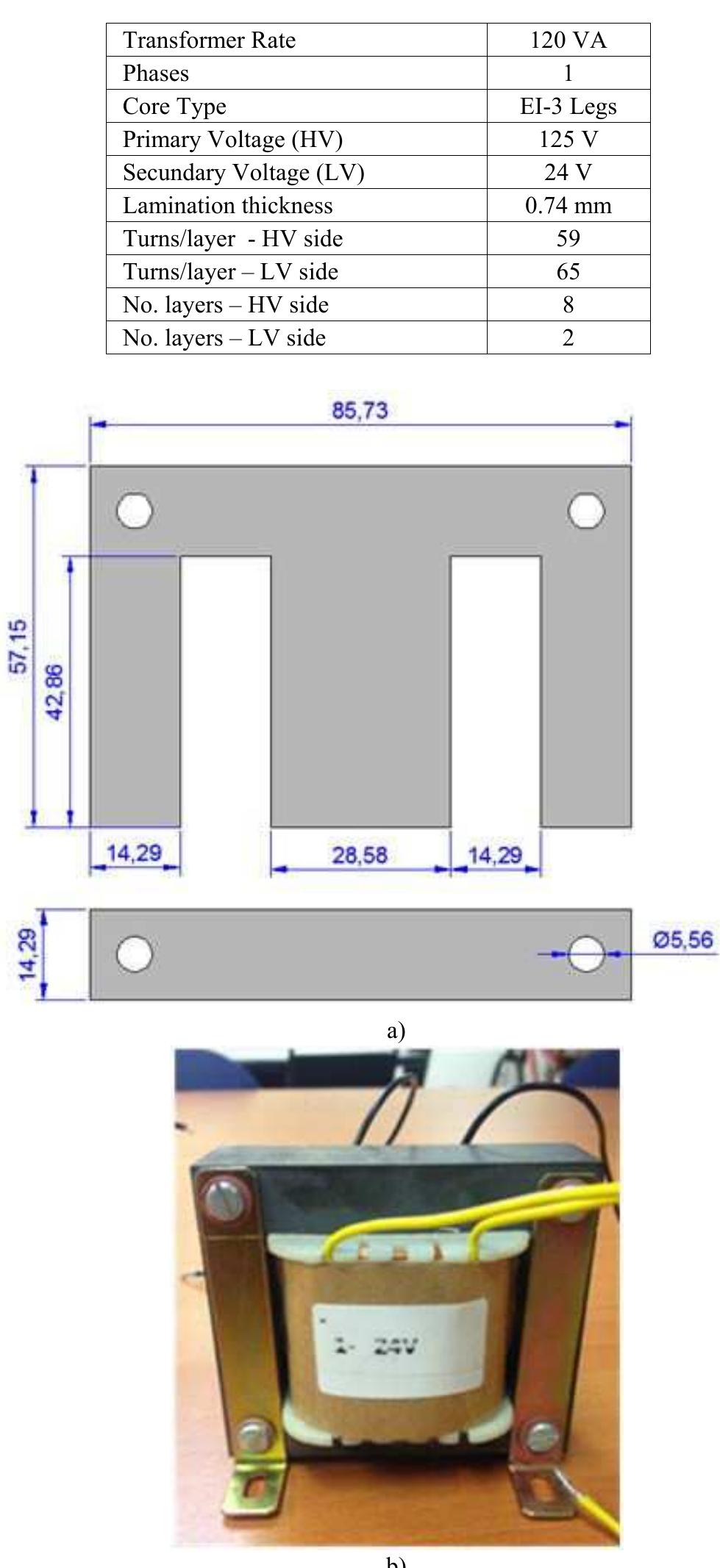 Transformer under study. a) el core dimensions in