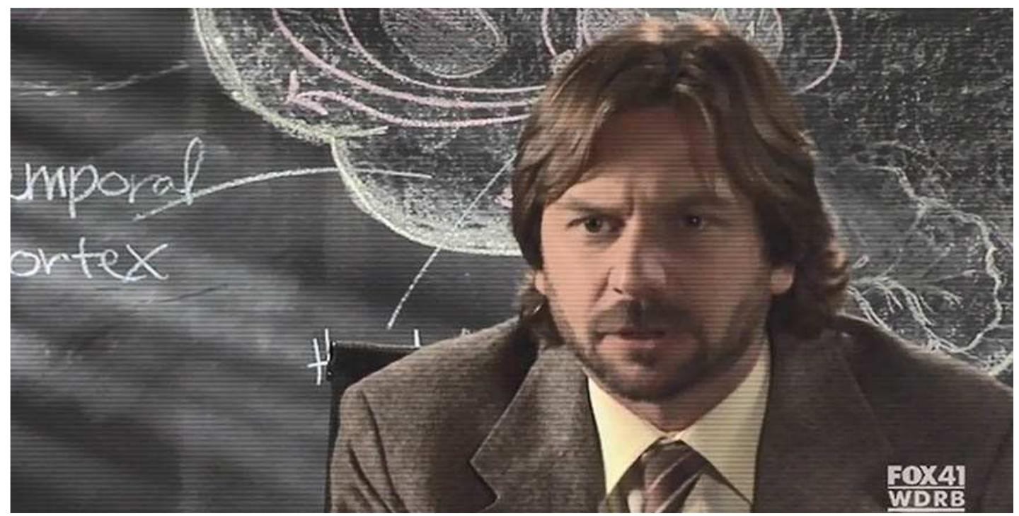 It is worth noting that the predictions of the interviewee actually come to fruition later in the show. As mentioned previously, Topher Brink is manipulated into creating a ranged weapon for wiping brains, which is then further developed into a mass-dispersal mechanism that wreaks havoc globally.  Figure 3: Expert being interviewed about the implications of the rumoured brain wiping technology of the Dollhouse. See Do//house, Season 1, Episode 6: ‘Man on the Street”. First broadcast 20 March 2009.  later in the show. As mentioned previously, Topher Brink is manipulated into  While Topher is portrayed as self-important and amoral for much of the show, his personality gradually changes. At the end of the series he has actually developed a strong moral centre, in part as a result of realising that his actions have been instrumental in throwing the world into chaos. In the final episode of the show, Topher ends up sacrificing himself in order to deploy a new invention that can destroy the mass mind-wiping technology and restore those afflicted to their former selves. 