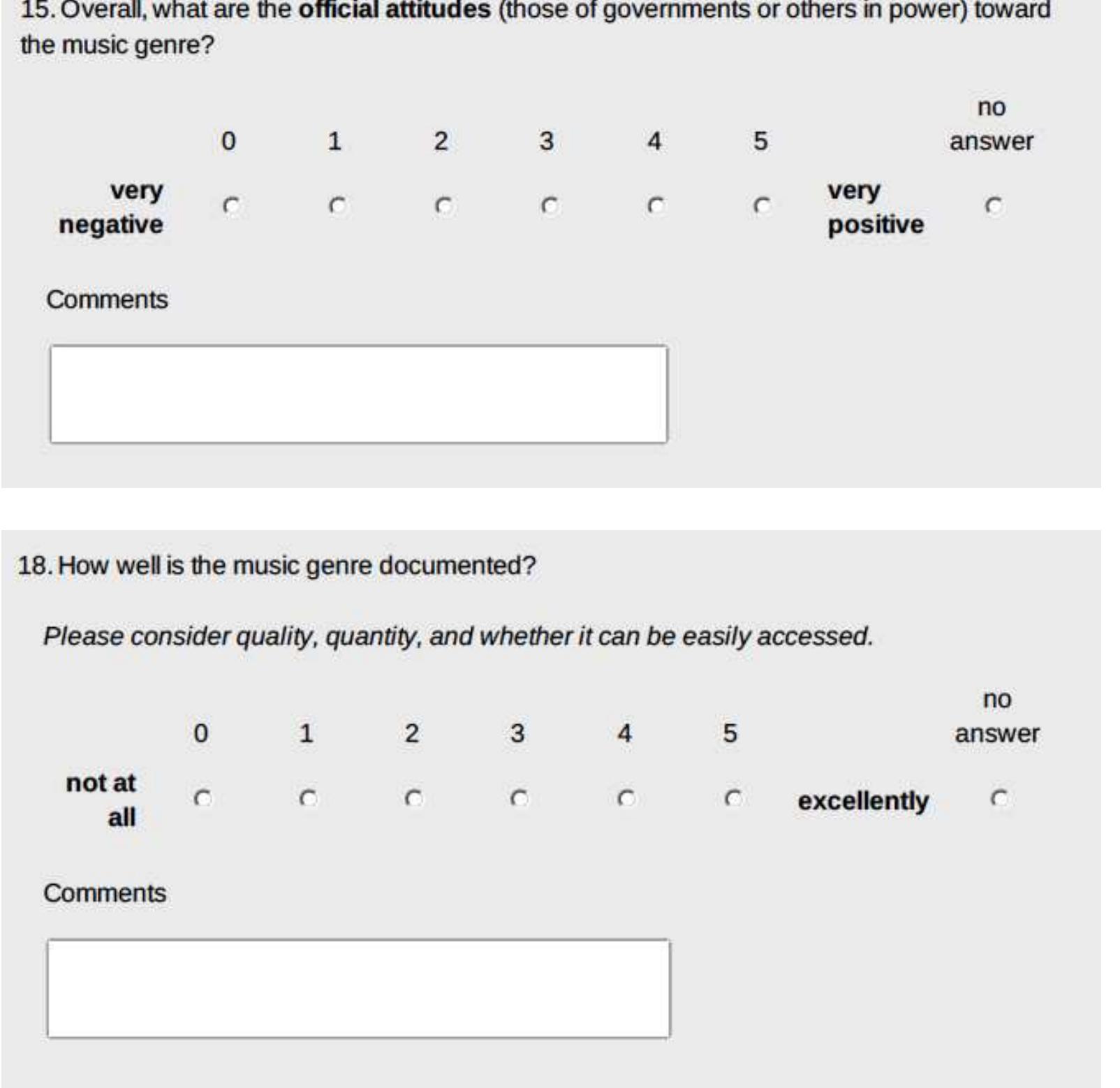Figure 1. Example survey questions. Each question in the core of the survey correlated with one of the twelve factors of the Music Vitality and Endangerment Framework 