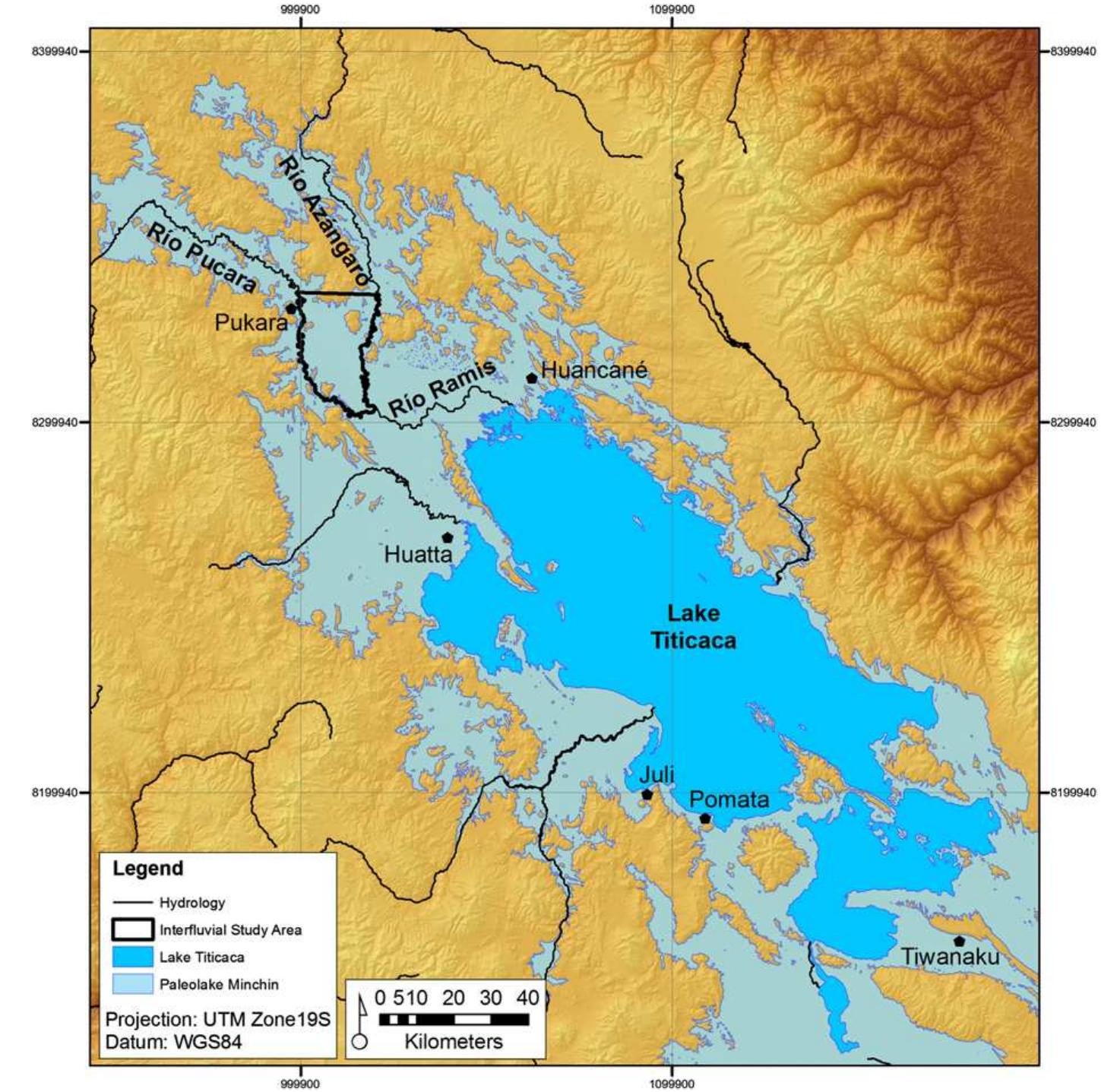 Fig. 1. Overview showing the location of the study area and areas that are mentioned in the text as places where qochas are reported. The schematic hypothesized extent o! paleolake Minchin clays is based on the presence of a ca. 40,000 year old lacustrine clay strata that is found 150 m above the modern level of Lake Titicaca (Farabaugh and Rigsby 2005: 25). This idealized representation of paleolake Minchin was estimated by drawing a contour line 150 m higher than the modern level of Lake Titicaca. This schematic does not take into account the processes of tectonic tilting or isostatic rebound.  It has been suggested that within the Lake Titicaca Basin, asso- ciated, temporally diagnostic artifacts indicate that all of the major  Many physical and social facets of qocha agriculture are docu- mented in the pioneering work of Flores Ochoa and Paz Flores. Yet, 