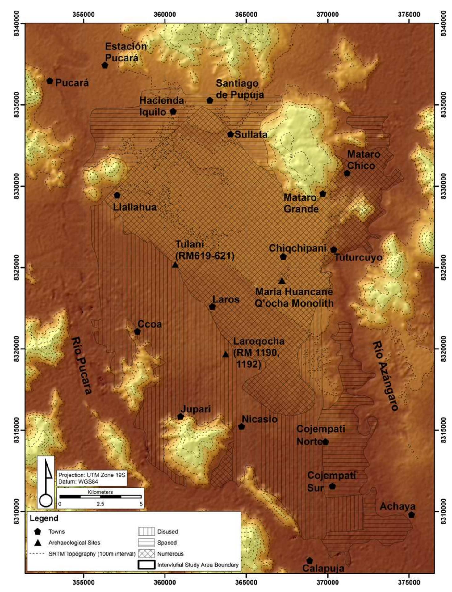 Fig. 2. Map showing the distribution of use zones as defined by Flores Ochoa and Paz Flores (Flores Ochoa, 1987: 283; Flores Ochoa and Paz Flores 1983a: 69—70, Map 3; 1983b: 13 151, Fig. 14, 1984: 89 Mapa 3; 1986: 97; 1987: 87, 89-90; 1992: 262; Flores Ochoa et al., 1996: 254, Fig. 122; Valdivia et al., 1999: 147, 148, Fig. 1). 