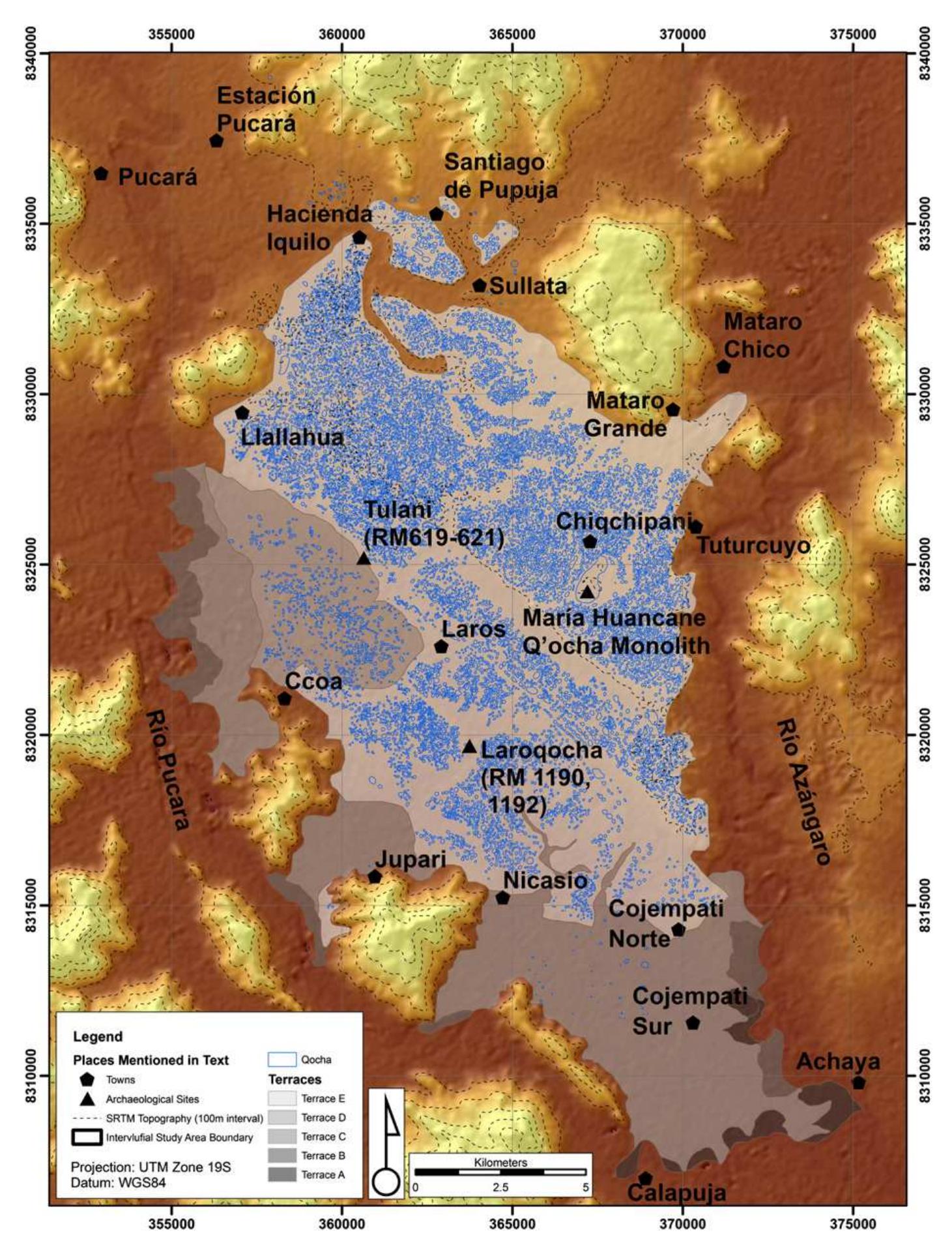 Fig. 6. Map showing the limit of the study area, the five river terraces, the gochas, and places mentioned in the text. 
