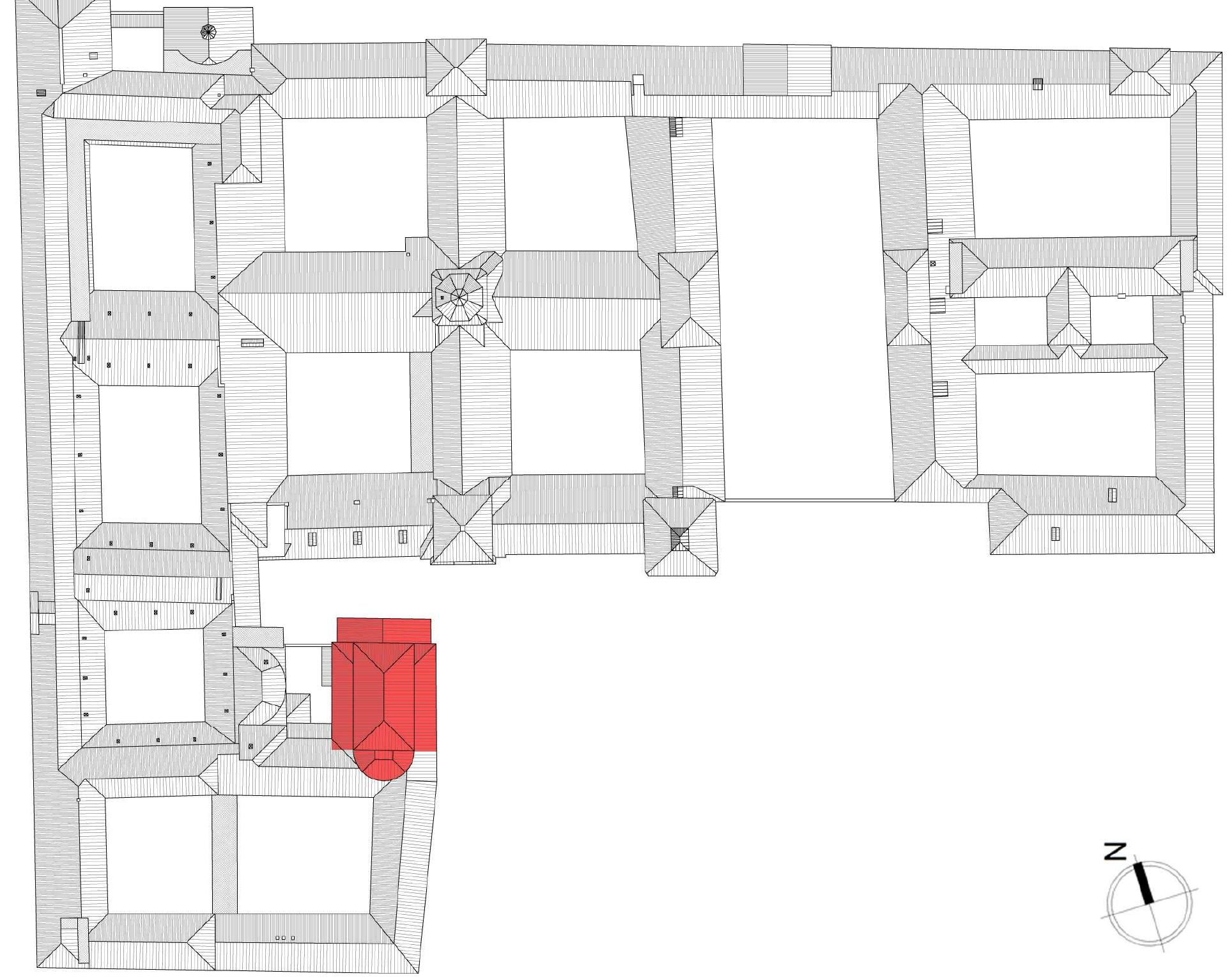 Figure 1: General plan of the central Palace of the University of Pavia. The two courts on North-West are the building assigned to the University in the 15" century; the 3“ is the court built by Pollach in 1785 and completed by Marchesi in 1819-22; the 4" is the court built by Marchesi in 1819-22; the one on the east of it is the court completed in 1850 according to the plan by Marchesi; the rest of the building is the former San Matteo Hospital annexed to University in 1950s. The part coloured in red is the Aula Magna (drawing by E. Zamperini).  tors, and chancellor were built demolishing other parts of the former Monastery of Leano; the already cited street was covered by porches completing the third courtyard and a fourth court- yard was built (these works are documented in Pavia State Archive — University Fonds — Rec- torship in folders 30 to 37 and folder 170). After these works, the eastern part of the former Monastery of Leano was still rustic, and it was used for storerooms and servants’ housing. 