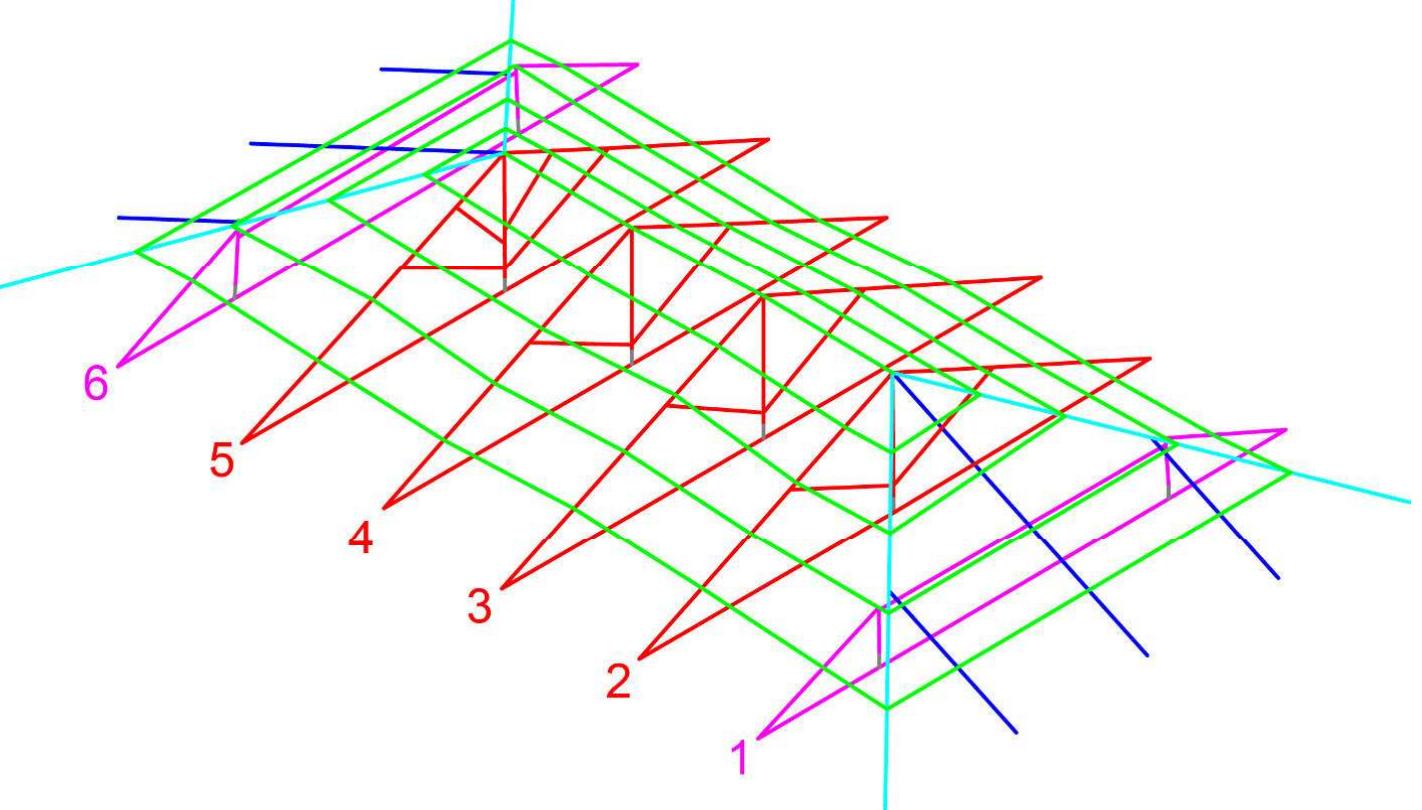 Figure 3: Scheme of the existing timber structure of the Aula Magna as it has been surveyed. We can see: four king post trusses (in red); two queen post trusses (in magenta); the hip rafters (in cyan); the rafters direct as the maximum slope lines of the roof (in blue); the purlins (in green) (drawing by E. Zamperini). 