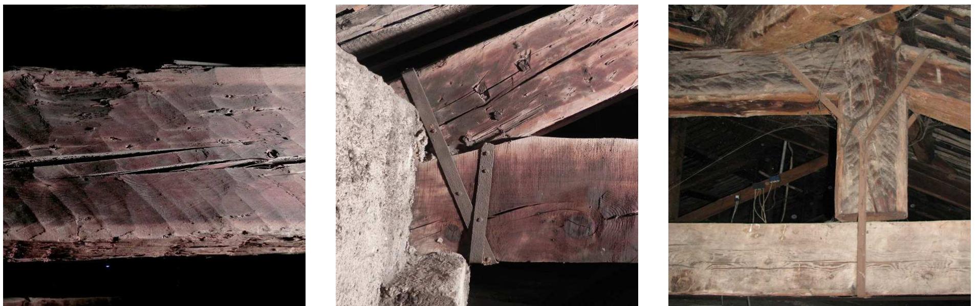 Figure 5: On the left: traces of hand working with the hatchet that can be seen with raking light. In the middle: iron strap bandaging the tie-beam rafter joint of truss 5. On the right: Y shaped stirrup strap jointing the one of the queen posts of truss | to the tie-beam. (photos by E. Zamperini)  veer eae a, Ce <> ae <> a ae  Despite the good state of preservation, the two queen post trusses have some static problem inked to their structural conception. Since queen post trusses don’t have a triangular shape, he outer trapezoidal structure is not statically determinate, and the lowering of one of the two posts corresponds to the raising of the other; the only elements that could prevent this dis- placements are the rigidity of the connections between principal rafters and tie-beams (which is very difficult to be achieved) and the tensile strength of the strap hanging from the post, hat can prevent its raising and keep the shape of the truss. In truss 1 these measures have been effective, instead in truss 6 their limited effectiveness made the truss hypostatic, and it suffered from rigid displacements of its members: one of the posts lowered until laying on the ie-beam and the other raised a few centimetres.  