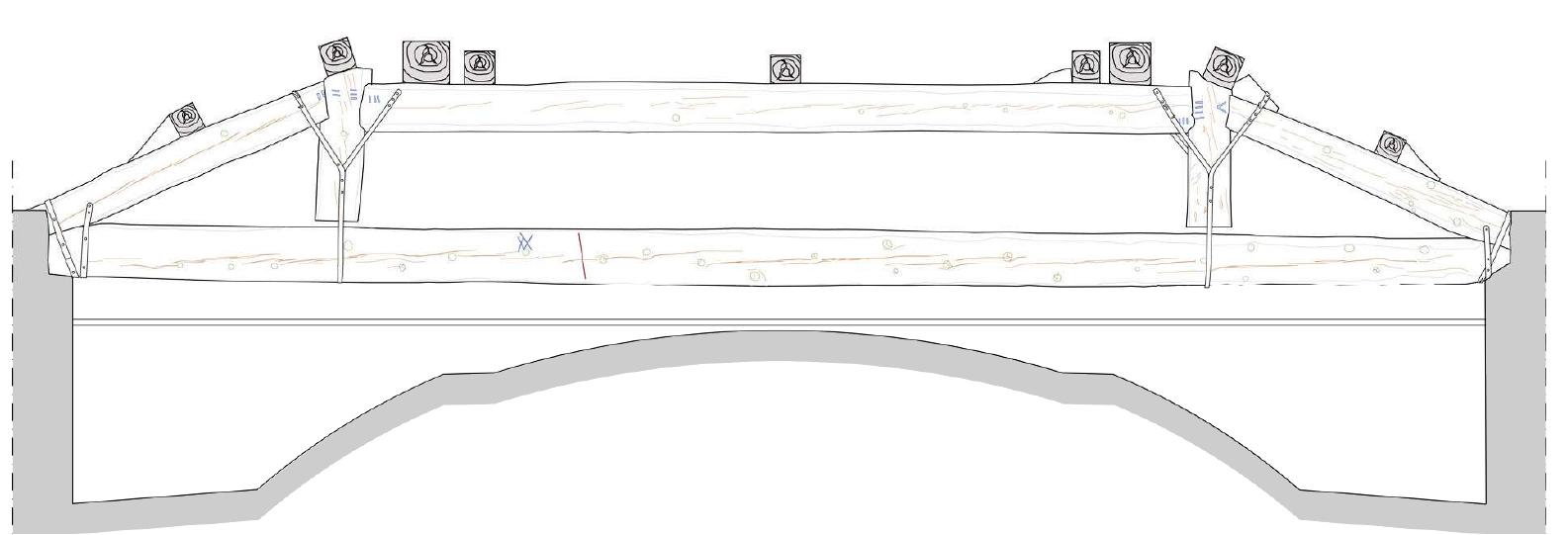Figure 6: Northern facade of truss 1 (drawing by S. Albertario, F. Lipari, M. Pasini, X. Qushku).  The timber roof of the Aula Magna of the University of Pavia  