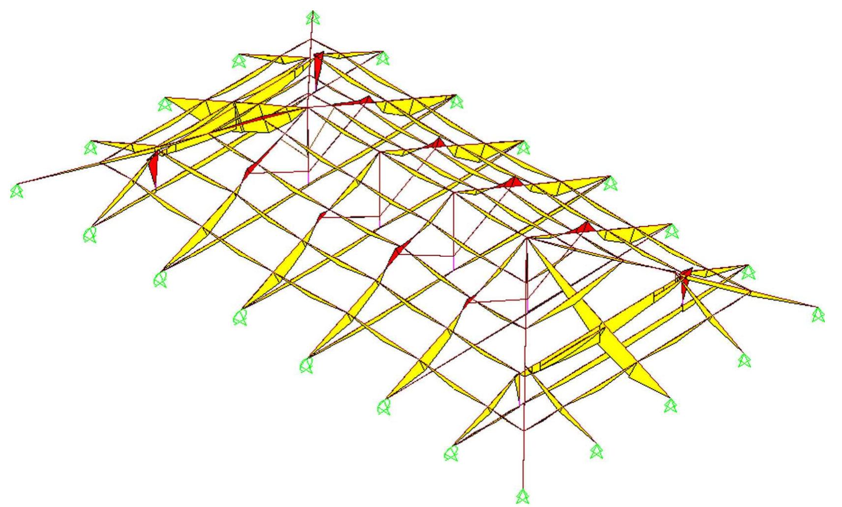 Figure 16: Structural scheme of the timber structure of the roof: diagrams of bending moments.  OS EEE EEE EE I LEE  However the analysis gives some useful information about the roof: the most stressed ele- ments are the rafters placed on the median of the hip ends, followed by the straining beams of the queen posts that are subject both to relevant bending moment and to compression. The high stresses in the rafter at the hip ends testify the impossibility to built the roof as it was de- scribed in the manuscript by Marchesi with hip ends having the same slope of other pitches: indeed in that case, the rafter would have the same length and loads of real roof, but no inter- mediate support thus being overly stressed.  