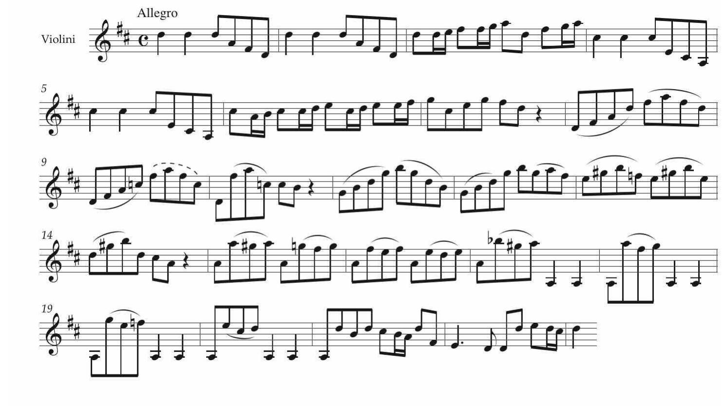 L’avvio del primo episodio solistico nell’ Allegro iniziale del Concerto anonimo Mus. 2-O-1,45 (Esempio 2) intrattiene relazioni melodiche con almeno due lavori vivaldiani: il Concerto per violino in Re maggiore, RV 224a (Esempio 3) e il Concerto per violino in Sol maggiore, RV 298, Op. IV, n. 12 (Esempio 4).  EsEMPIO 1. Concerto per violino Mus. 2-O-1,45, I mov., batt. 1-23/1. 