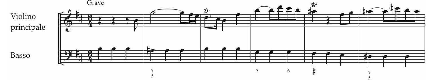 EsEMPIO 5. Concerto per violino Mus. 2-O-1,45, II mov., batt. 1-6.  EsEmpPio 6. Vivaldi, Concerto per archi RV 124, Op. XII n. 3, II mov., batt. 1-5. 