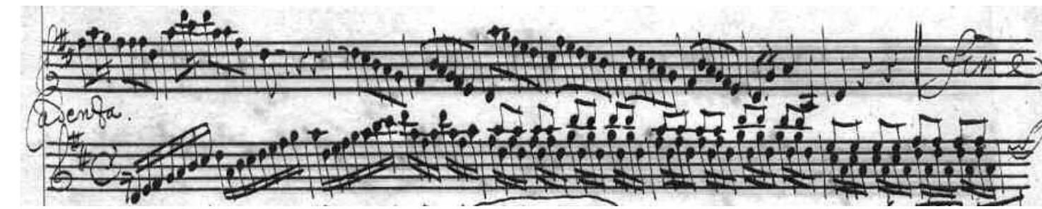 Nella parte staccata del «Violino Principale», al termine dell’ ultimo tutti (batt. 149) dopo la doppia barra conclusiva, appare la scrizione «fine», che indica — evi- dentemente — la conclusione del concerto. Di seguito, pero, € notata un’estesa ca- denza di 53 battute (Fig. 1), conclusa dalla riproposizione esatta delle ultime quattro misure del movimento (che recano I’indicazione «Tutti»), al termine delle quali si legge l’ulteriore (e definitiva) annotazione «fine» (Fig. 2).  Ficura 1. Concerto per violino Mus. 2-O-1,45, incipit della cadenza. 