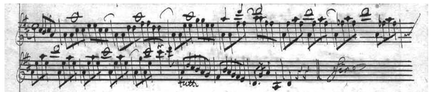 FiGuRA 2. Concerto per violino Mus. 2-O-1,45, fine del concerto.  In tutte le altre parti staccate, in corrispondenza della cadenza del solista si trova l’annotazione «Qui si ferma a piacimento».** Questa frase é intimamente collegata a Vivaldi, anche se non in maniera esclusiva:*? Francesco Maria Cattaneo, per esempio, la utilizza nel suo Concerto per violino in La maggiore Mus. 2468-O-2 (ove e presente una cadenza nello stile di Vivaldi). La stessa dici- tura compare anche in un concerto per violino in Re maggiore anonimo — ma pro- babilmente composto sempre da Cattaneo* — conservato a Stoccolma nella collezione “Utile Dulci” (S-Skma, VO-R).*  nT - 7 “ . No fF  o, W 