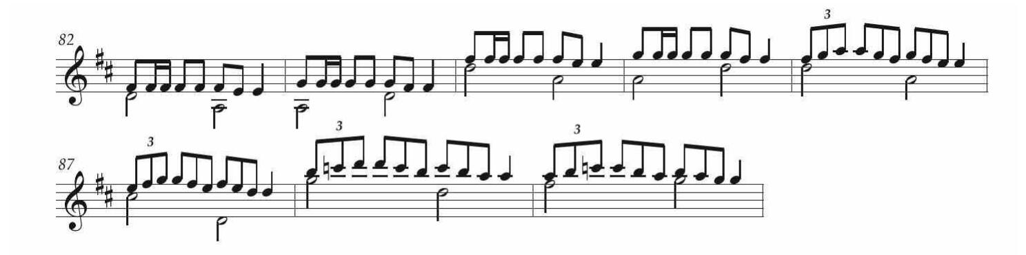 Il passaggio cromatico ascendente, a doppie corde, delle batt. 16/m-20/m nella cadenza del Concerto Mus. 2-O-1,45 (Esempio 32) intrattiene qualche relazione con alcuni motivi vivaldiani: per esempio, con quello nel terzo movimento del Concerto RV 224a (batt. 56-66) o con quello nel movimento iniziale della Sonata RV 94 (Esempio 33).  EsEMPIO 31. Vivaldi, Concerto RV 208 (I-CF), II mov., batt. 82-89. 