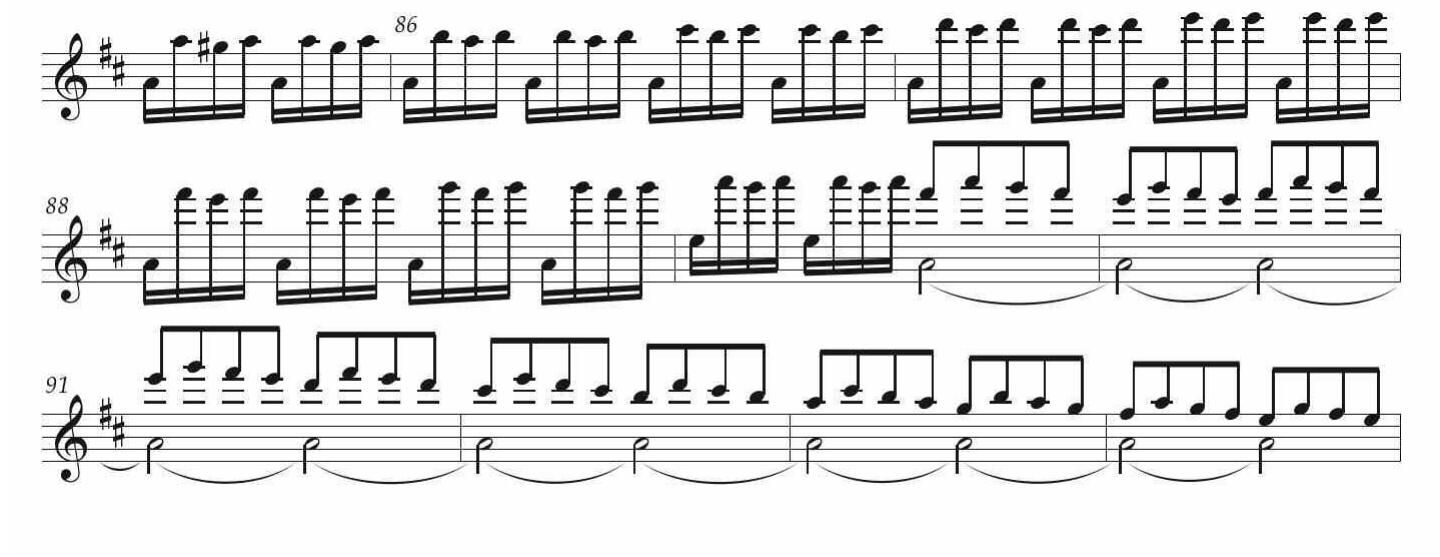 E ancora. Il passaggio finale della cadenza del Concerto Mus. 2-O-1,42 (Esempio 40) presenta varie concordanze musicali con le conclusioni di altre ca- denze vivaldiane: quella del primo movimento del Concerto RV 208 (I-CF) (Esempio 41), quella — cadenza ‘II’ — dell’ultimo movimento del Concerto RV 212 della fonte dresdense (Esempio 42) e quella dell’ultimo movimento del Concerte RV 562 (Esempio 43).  ESEMPIO 39. Vivaldi, Concerto RV 206, I mov., batt. 85/1-94. 