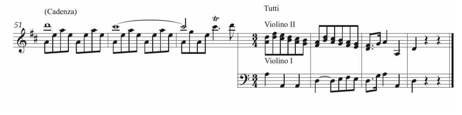 Esempio 44. Concerto per violino Mus. 2-O-1,45, III mov., conclusione della cadenza  Una conferma in proposito e€ rappresentata dallo strano collegamentc melodico-armonico tra la conclusione della cadenza e le quattro battute del tutti finale del concerto (Esempio 44), ove l’incoerenza dell’armonia e assolutamente ingiustificabile: il trillo conclusivo del solista sul Do#; (batt. 53/m-1v della cadenza) non risolve sul Re; tonica (pure annunciata dall’anticipazione di croma), bensi su un improbabile La;, in un accordo di Re maggiore in secondo rivolto!® 