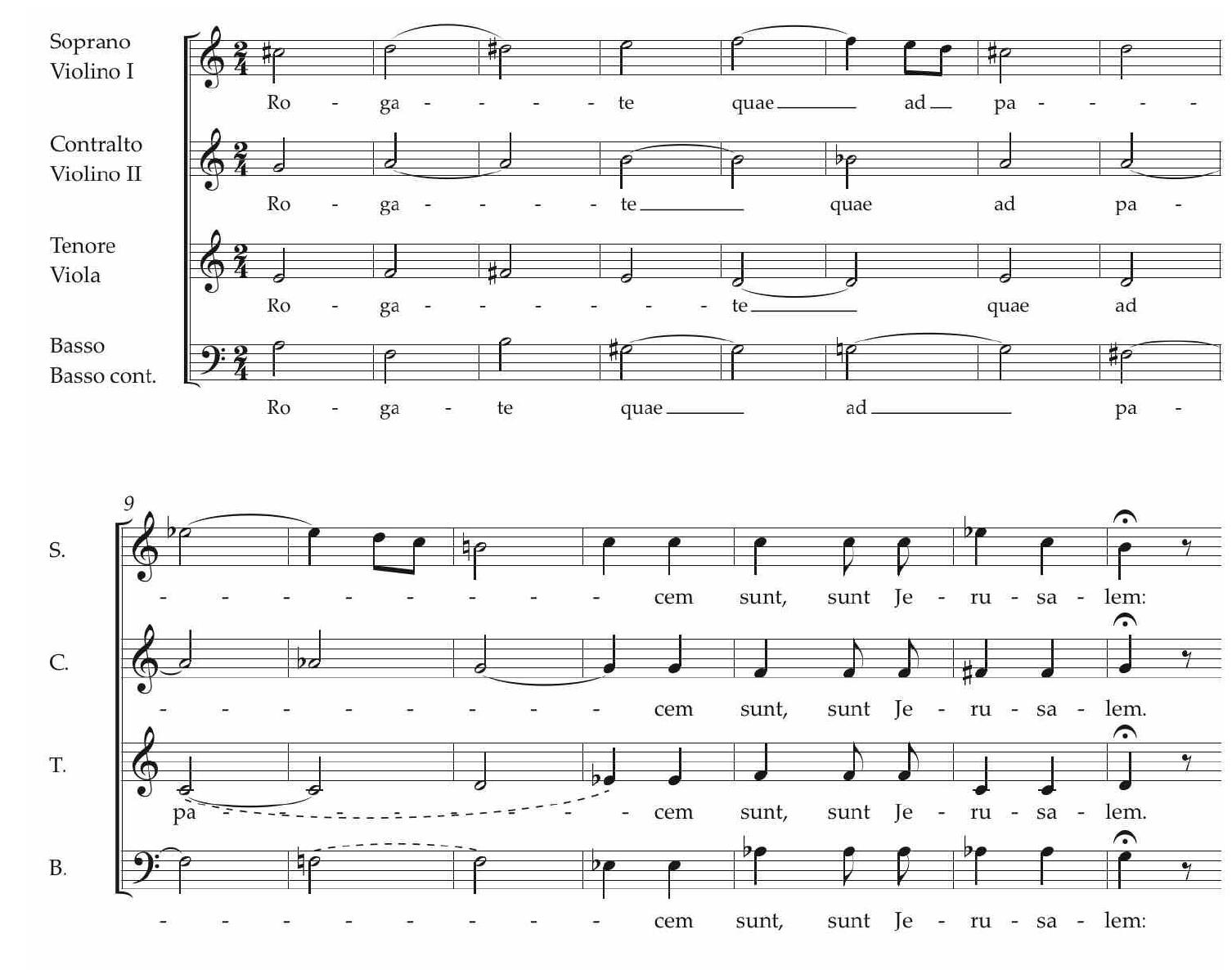 EXAMPLE 3. Laetatus sum in C major, bars 82-96.  The next entirely new material arrives with the linked Andante sections 9 and 10. Peace at last having been achieved, the mood becomes gently Elysian. The opening material of the very brief instrumental introduction, also used as a backdrop to the soothing choral passage that follows, is quoted as Example 4. Here, there is a recognizable thematic concordance (allowing for differences in the fine detail) within Vivaldi’s oeuvre: the opening, in the same key, of the motet for soprano and strings Sum in medio tempestatum, RV 632 (Example 5), which by coincidence is also preserved at the SLUB.*! More generally, it should be added that repetitive four-quaver (or four-semiquaver) figures where the second note leaps upwards, the third leaps downwards (often back to the original pitch) and the fourth repeats the third are so frequent in Vivaldi’s music as to rank as a ‘trademark’ feature. The sustained ‘half-diminished’ seventh chord on the raised subdominant with which the composer introduces the section’s final half-close is also classically Vivaldian. 