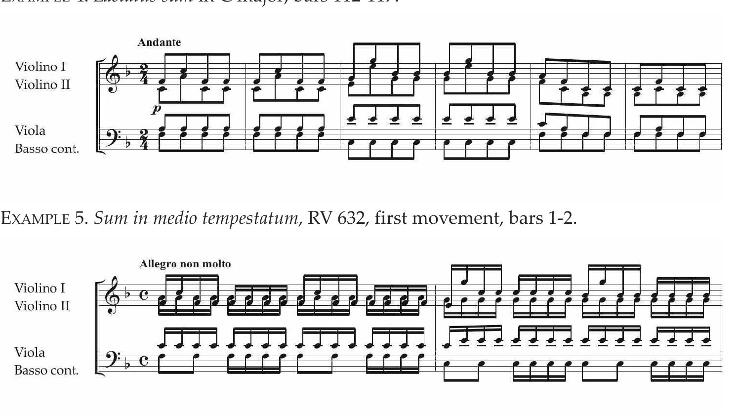 The remainder of the movement proceeds along expected lines until bar 145, when the composer drops his bombshell (Example 6). The chromatic phrase from the opening ritornello, held in reserve up to this point, suddenly enters, with the slightest of modifications, at the keyword quaesivi (I sought). It is stated twice in succession, but in different tetrachords — a typically Vivaldian mode of rhetorical reiteration.” The chromaticism and also the winding motion of the lower parts express anxiety — presumably, at not easily finding what one is seeking — to perfection. In bars 156-157 and 159-160 we see in the violin parts (the second violin doubling first the alto and then the soprano) a striking contrapuntal opposition of very rapid and very slow motion familiar from a movement such as “Agitata infida flatu” in Juditha triumphans, and which surely no other composer deploys as often and as effectively as Vivaldi.** Finally, in the coda, which employs the kind of triumphant repetition associated with operatic strette of a later age, an exuberant and harmonically rather audacious melisma in strict parallel sixths for soprano and alto, followed by the expected recall of the opening phrase of the movement, sets the seal on this hymn to IJaetitia. 