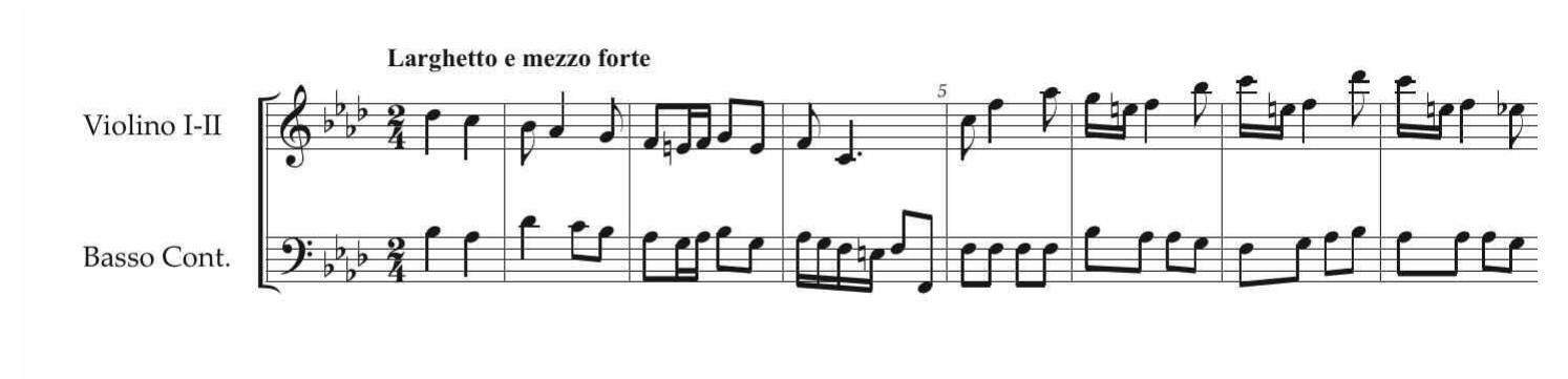 EsEmpio 5. Sinfonia, Cesare in Egitto, Larghetto e mezzo forte, I, p. 5. 