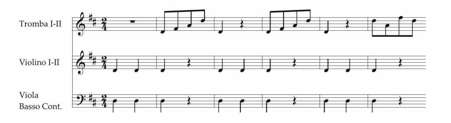 EsEMPIO 10a. «Date, 0 trombe, il suon guerriero», Gianguir, III.4, p. 300, introduzione strumentale.  EsEMPIo 10b. «Date, o trombe, il suon guerriero», Gianguir, II1.4, pp. 306-307, prima parte. 
