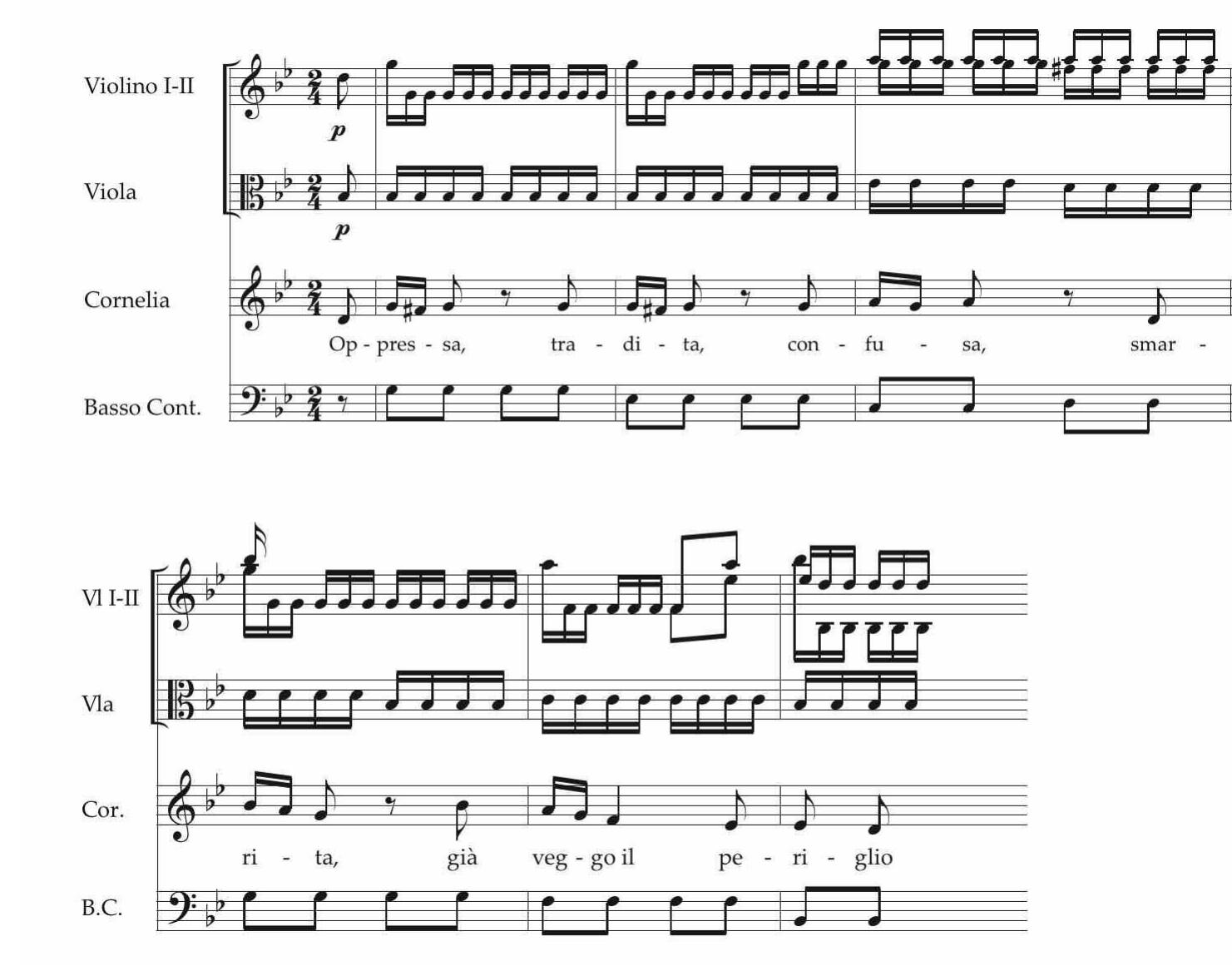 ESEMPIO 18a. «Oppressa, tradita», Cesare in Egitto, II.7, II, p. 70, prima sezione di canto.  ESEMPIO 18b. «Oppressa, tradita», Cesare in Egitto, II.7, Il, p. 71, prima sezione di canto. 