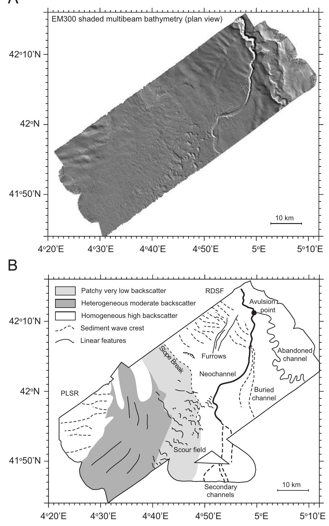 Shaded em300 multibeam bathymetry (a) and line drawing