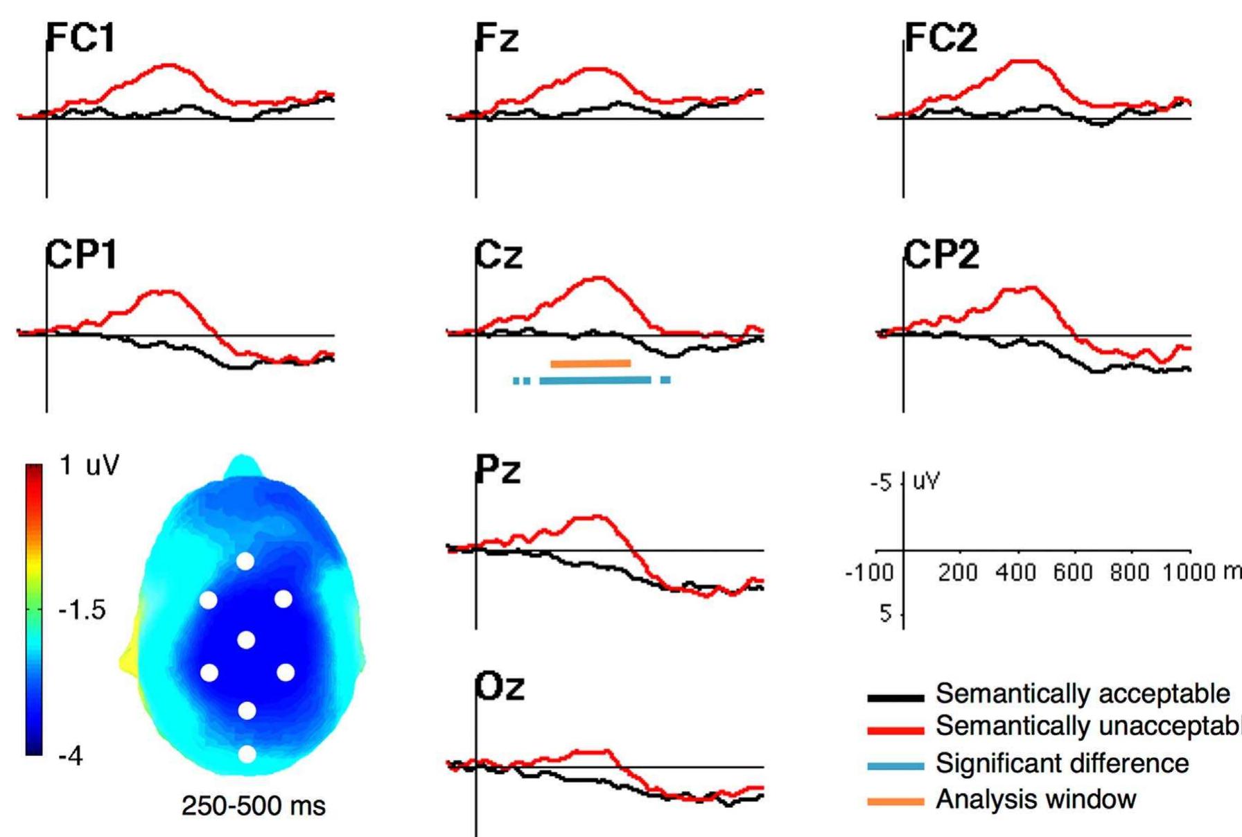 Fig. 2. Waveforms recorded in response to semantically acceptable and unacceptable sentences in English, with channel locations on the scalp indicated by white circles. Scalp plot shows the mean amplitude of the N400 effect over the 250—500-ms analysis window. Analysis window (250-500 ms) and all time points at which acceptable and unacceptable sentences differ significantly are indicated by bars on a representative channel, Cz. 