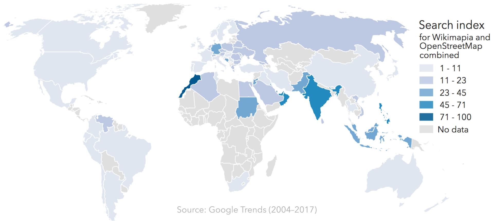 Figure 5: Combined search indices for Wikimapia and OpenStreetMap, binned with natural breaks (Jenks). This represents the overall relative interest in the projects in a country, with the respect to all searches. The top group (71-100) includes Morocco and Qatar, while the countries where the two projects have the lowest search index are China, Thailand, Peru, and Japan. Country boundaries from naturalearthdata.com, 2017. 